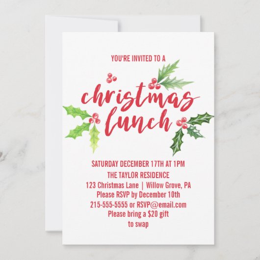 Waterverf Holly Kerstlunch Kaart (Voorkant)