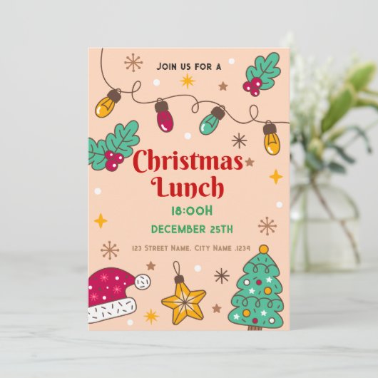 Waterverf Holly Kerstlunch uitnodiging (Staand voorkant)