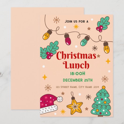 Waterverf Holly Kerstlunch uitnodiging (Voorkant / Achterkant)