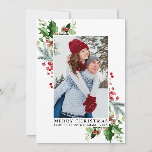 Waterverf Holly Kerstmis Groen Paar Foto Feestdagenkaart (Voorkant)