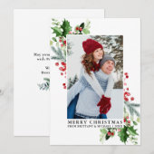 Waterverf Holly Kerstmis Groen Paar Foto Feestdagenkaart (Voorkant / Achterkant)