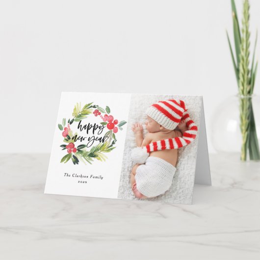 Waterverf Holly Krans Gelukkig Nieuwjaar 2025 Foto Feestdagen Kaart (Voorkant)