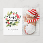 Waterverf Holly Krans Gelukkig Nieuwjaar 2025 Foto Feestdagenkaart (Voorkant)