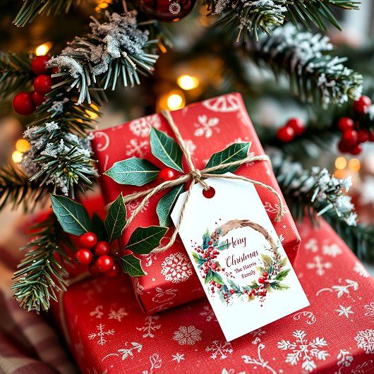 Waterverf holly krans gepersonaliseerde kerst cadeaulabel