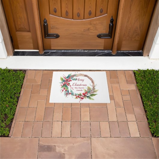 Waterverf holly krans gepersonaliseerde kerst deurmat (Buiten)