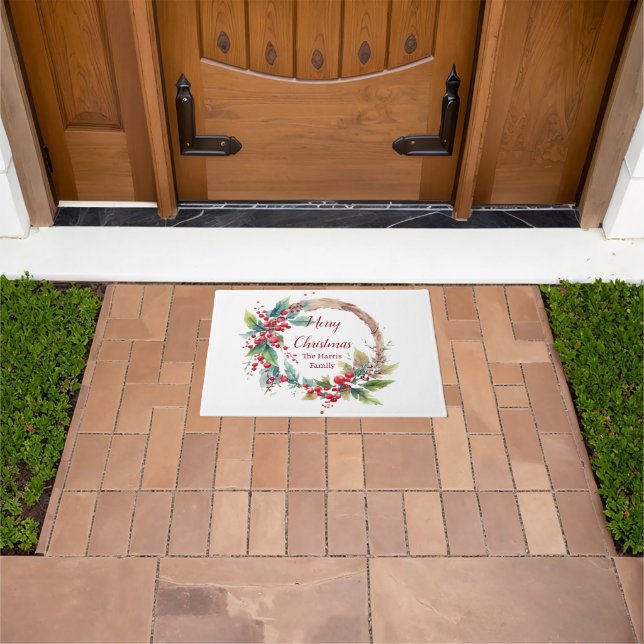 Waterverf holly krans gepersonaliseerde kerst deurmat (Buiten)