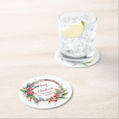Waterverf holly krans gepersonaliseerde kerst ronde kartonnen onderzetter (Insitu)