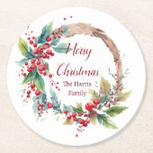Waterverf holly krans gepersonaliseerde kerst ronde kartonnen onderzetter (Voorkant)