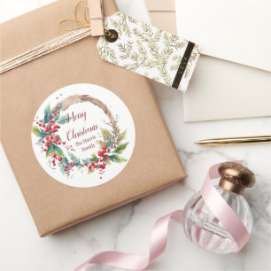 Waterverf holly krans gepersonaliseerde kerst ronde sticker