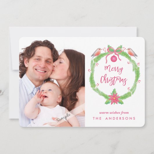 Waterverf Holly Krans "Vrolijk Kerstfeest + Foto Feestdagenkaart (Voorkant)