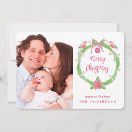 Waterverf Holly Krans "Vrolijk Kerstfeest + Foto Feestdagenkaart