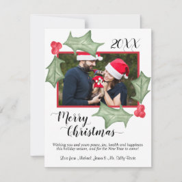 Waterverf Holly Leaves met een kerstfoto Feestdagenkaart