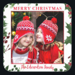 Waterverf Holly Merry Christmas familie foto Vierkante Sticker<br><div class="desc">Creëer je eigen familiefoto Merry Christmas sticker/envelop seal. Voeg je eigen foto,  tekst en naam toe en creëer is een zeer persoonlijk en uniek Kerst sticker. U kunt de sticker toevoegen aan uw huwelijksbriefwisseling.</div>