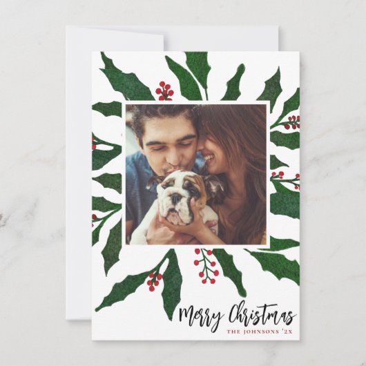 Waterverf Holly & Merry Kerstfeestdag Foto Feestdagenkaart (Voorkant)