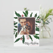 Waterverf Holly & Merry Kerstfeestdag Foto Feestdagenkaart (Staand voorkant)