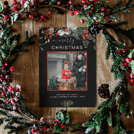 Waterverf Holly Merry-kerstfoto Black Feestdagenkaart