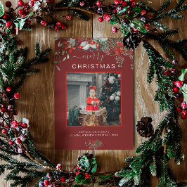 Waterverf Holly Merry-kerstfoto Burgundy Feestdagenkaart