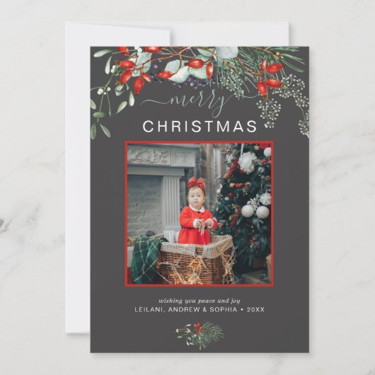Waterverf Holly Merry-kerstfoto Donkergrijs Feestdagenkaart (Voorkant)