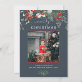 Waterverf Holly Merry-kerstfoto Dusty Blue Feestdagenkaart (Voorkant)