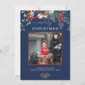 Waterverf Holly Merry-kerstfoto Navy Blue Feestdagenkaart (Voorkant)