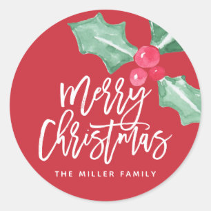 Waterverf Holly Merry Kerstmis Naam Sticker