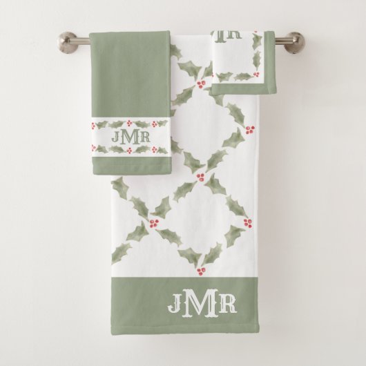 Waterverf Holly Monogrammed Kerstrood Groen Bad Handdoek (Insitu)