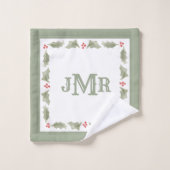Waterverf Holly Monogrammed Kerstrood Groen Bad Handdoek (Wasdoekje)