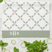 Waterverf Holly Monogrammed Kerstrood Groen Theedoek (Gevouwen)
