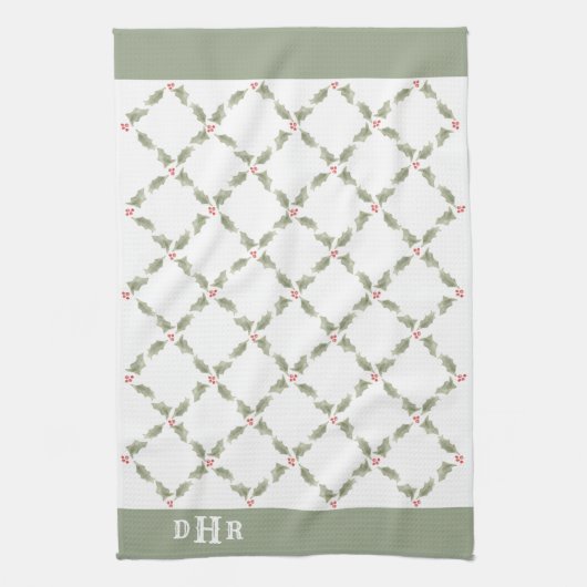 Waterverf Holly Monogrammed Kerstrood Groen Theedoek (Verticaal)