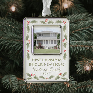 Waterverf Holly New Home Foto van het eerst Verzilverd Omlijst Ornament