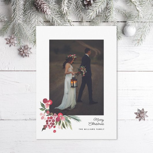 Waterverf Holly Pine Elegante Kerstfoto Feestdagenkaart
