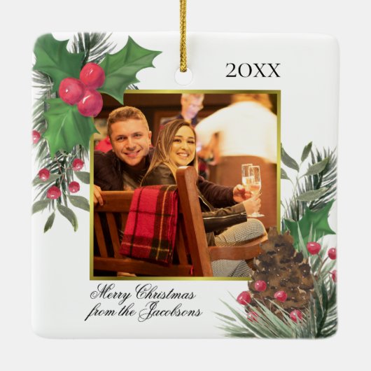 Waterverf Holly & Pine Gold Photo Lijst Festive Keramisch Ornament (Achterkant)