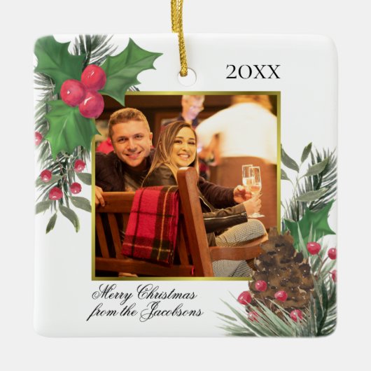 Waterverf Holly & Pine Gold Photo Lijst Festive Keramisch Ornament (Voorkant)