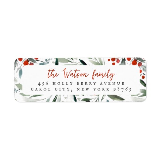 Waterverf Holly & Pine Kerstmis Familienaam Etiket (Voorkant)