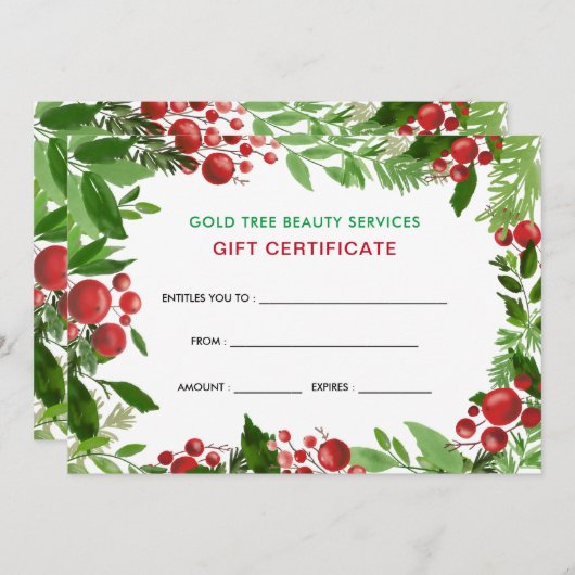 Waterverf Holly Red Berries | Cadeaubon (Voorkant / Achterkant)