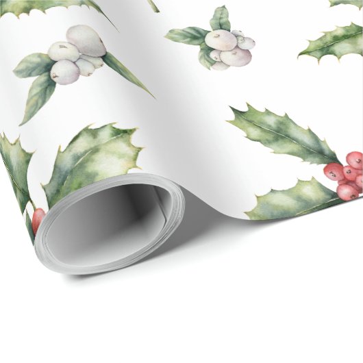 Waterverf Holly, rode bessen, mistletoe kerst Cadeaupapier (Rol Hoek)