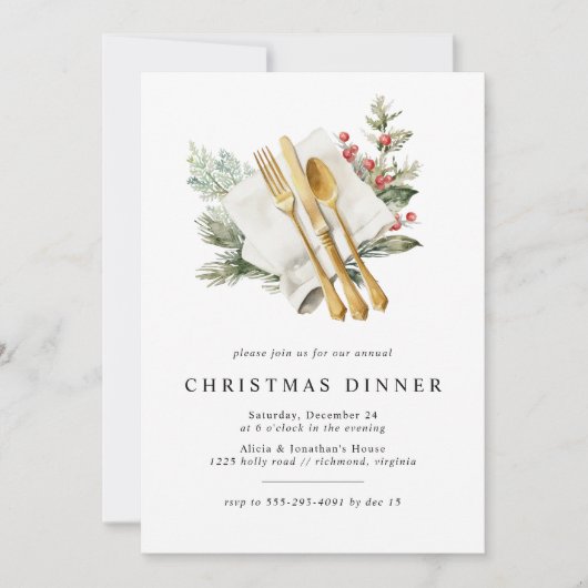Waterverf Holly rustiek groen kerstdiner Kaart (Voorkant)