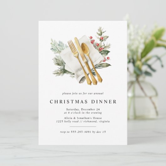 Waterverf Holly rustiek groen kerstdiner Kaart (Staand voorkant)