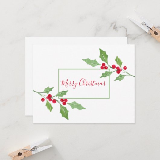 Waterverf Holly Sprig Kaart (Voorkant / Achterkant in situ)