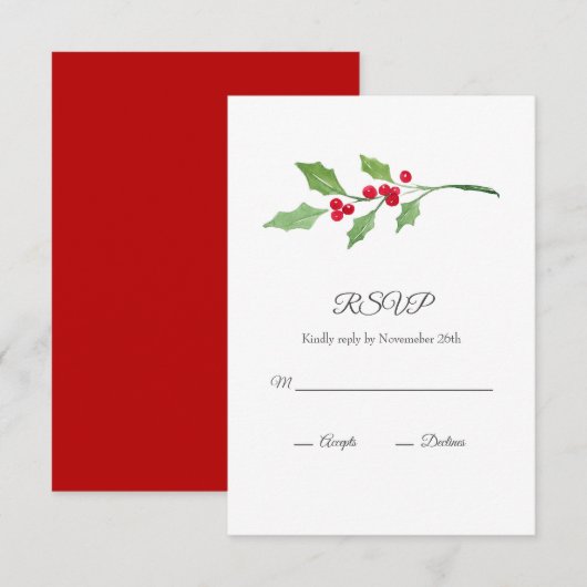 Waterverf Holly Sprig RSVP Kaartje (Voorkant / Achterkant)