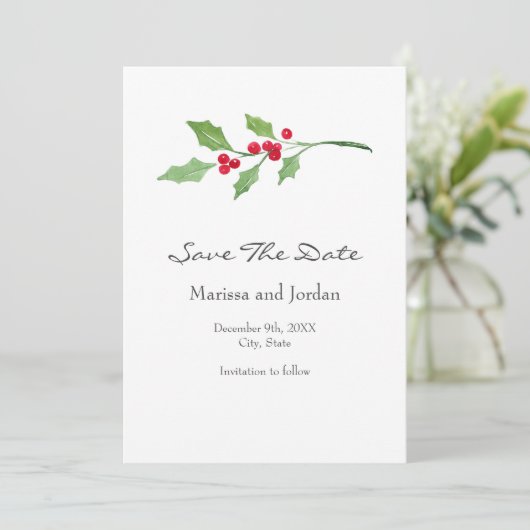 Waterverf Holly Sprig Save The Date (Staand voorkant)