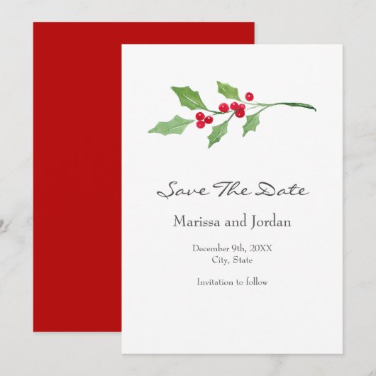 Waterverf Holly Sprig Save The Date (Voorkant / Achterkant)