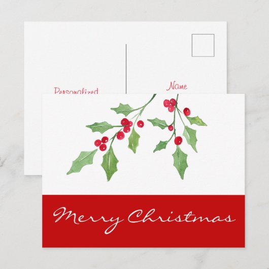 Waterverf Holly Sprigs Briefkaart (Voorkant / Achterkant)