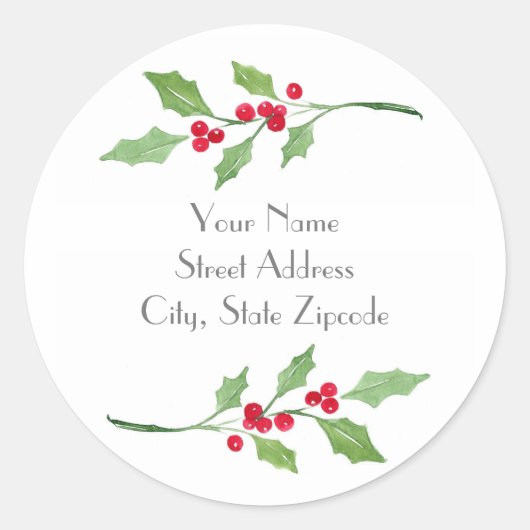 "Waterverf Holly Sprigs"-labels Ronde Sticker (Voorkant)