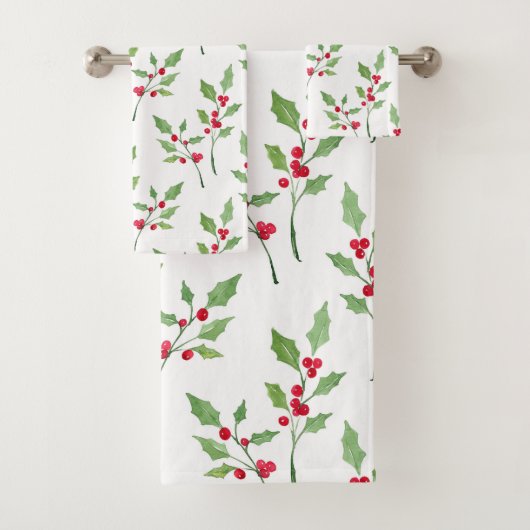 Waterverf Holly Sprigs Pattern Bad Handdoek (Insitu)