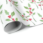 Waterverf Holly Sprigs Pattern Wrapping Paper Cadeaupapier (Rol Hoek)