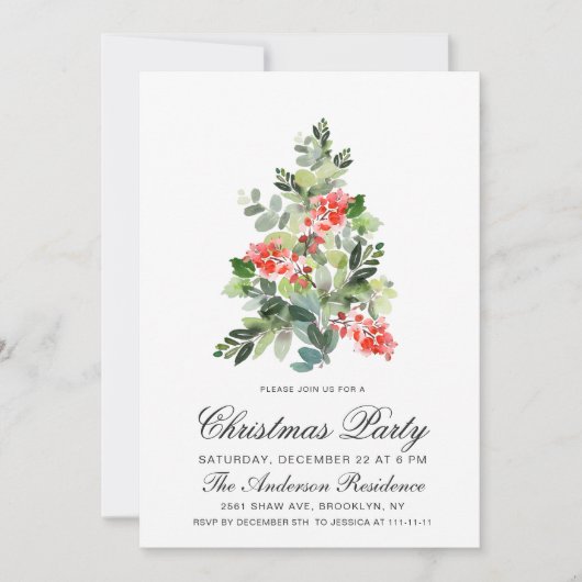 Waterverf Holly Tree kerstfeestje Kaart (Voorkant)