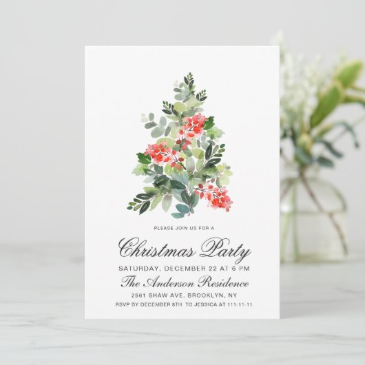 Waterverf Holly Tree kerstfeestje Kaart (Staand voorkant)