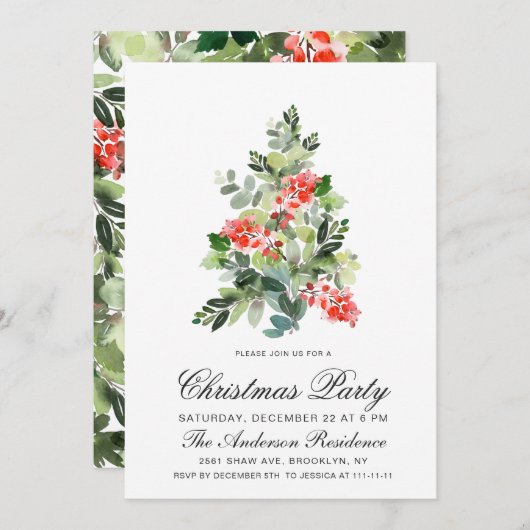 Waterverf Holly Tree kerstfeestje Kaart (Voorkant / Achterkant)
