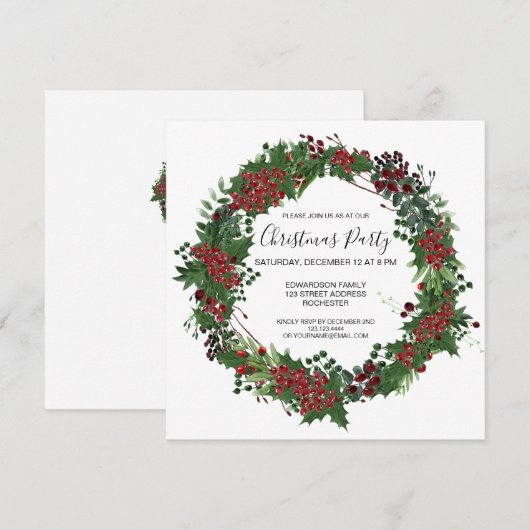 Waterverf Holly uitnodiging voor kerstfeest (Voorkant / Achterkant)
